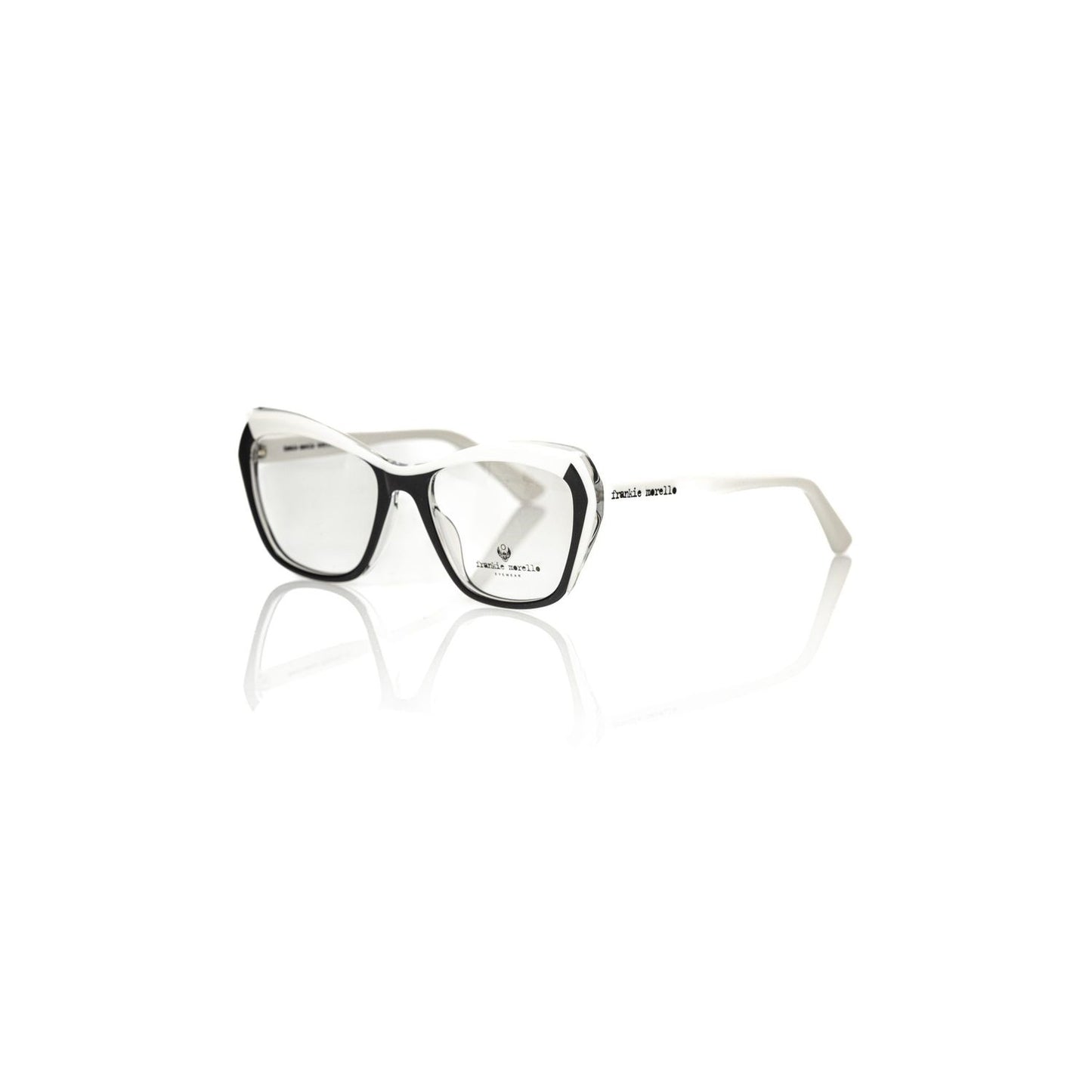 Frankie Morello Black Acetate Women's Frame with cat eye design and white accents for a bold, trendy look.
