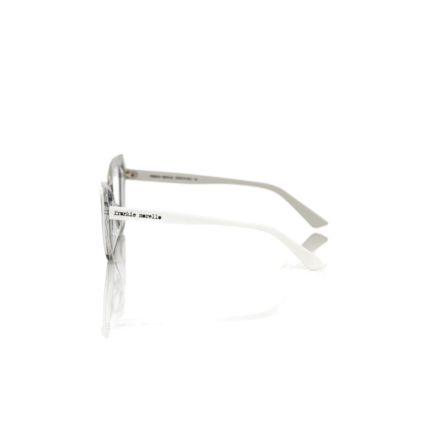 Side view of Frankie Morello Black Acetate Women's Frame featuring white and transparent temples.