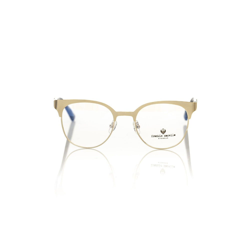 Frankie Morello Gold Acetate Women's Frame with classic Clubmaster design, featuring gold metal upper profile and geometric patterned temples.