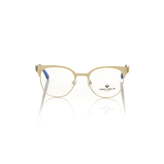 Frankie Morello Gold Acetate Women's Frame with classic Clubmaster design, featuring gold metal upper profile and geometric patterned temples.
