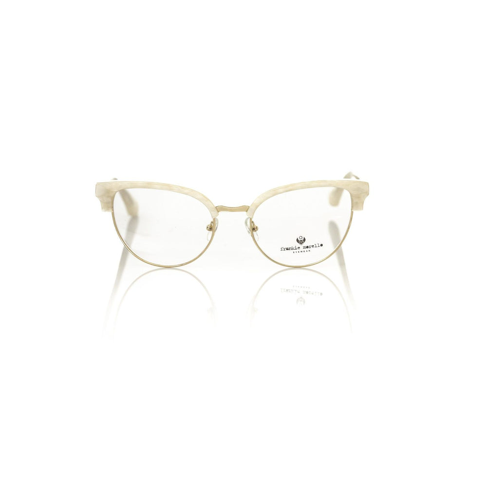 Frankie Morello White Metallic Women's Frame with mother of pearl detail, chic Clubmaster design, Italian-made for fashion-forward style.