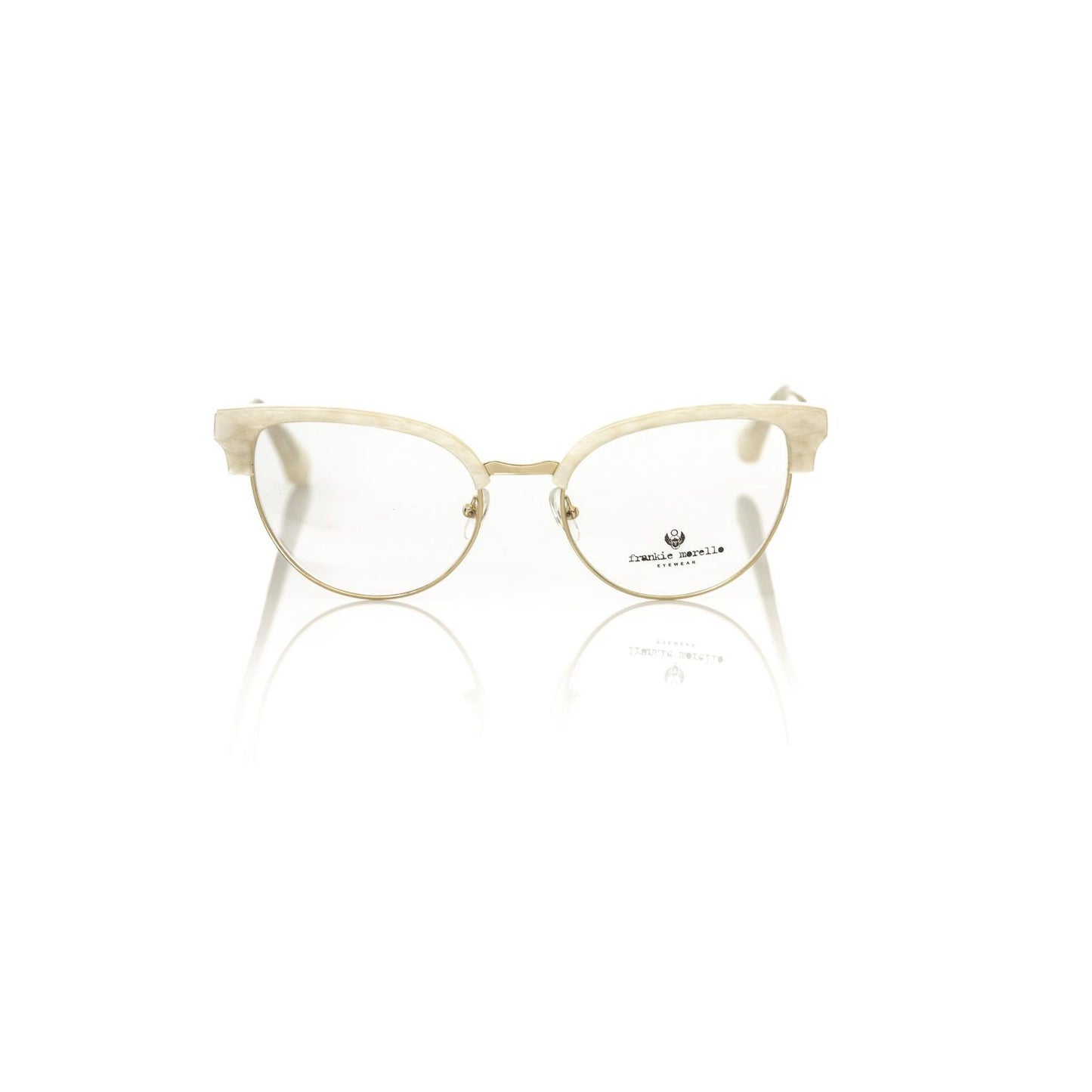 Frankie Morello White Metallic Women's Frame with mother of pearl detail, chic Clubmaster design, Italian-made for fashion-forward style.