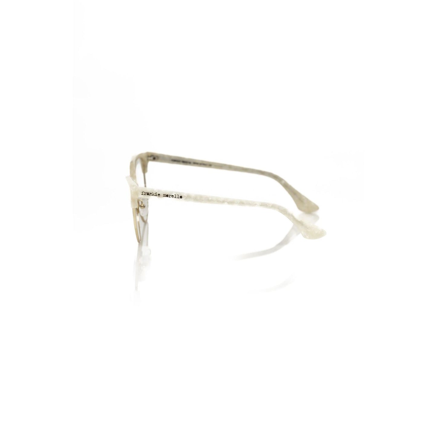 Side view of Frankie Morello White Metallic Women's Frame showing elegant mother of pearl temples and Clubmaster design.
