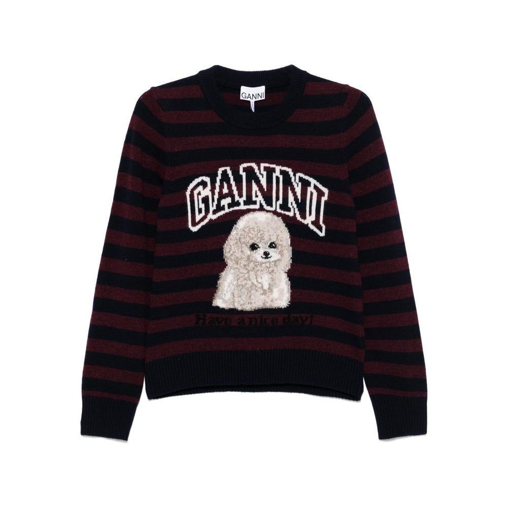 GANNI Sweaters Bordeaux, midnight blue crew neck with long sleeves, ribbed trim, horizontal stripes, Poodle wool design.