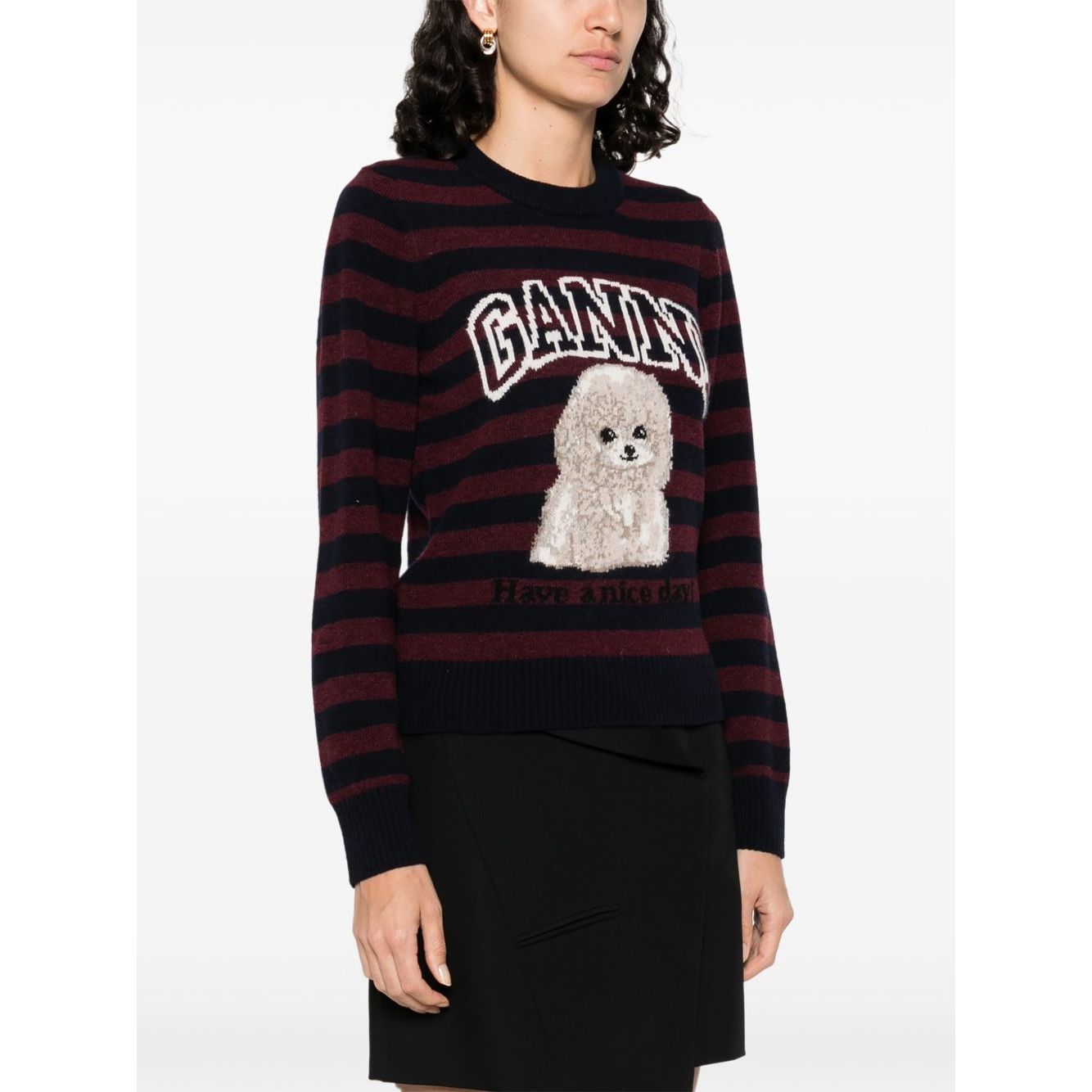 GANNI Sweaters Bordeaux - Midnight blue sweater with horizontal stripes, ribbed trim, and poodle wool design. Crew neck, long sleeves.