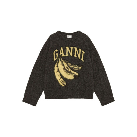GANNI Sweaters Grey featuring grey crewneck with banana design, long sleeves, straight hem, ribbed cuffs and hem. Stylish wool sweater.