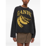 GANNI Sweaters Grey featuring a banana design, grey crew neck, long sleeves, straight hem, ribbed cuffs, and hem wool sweater.