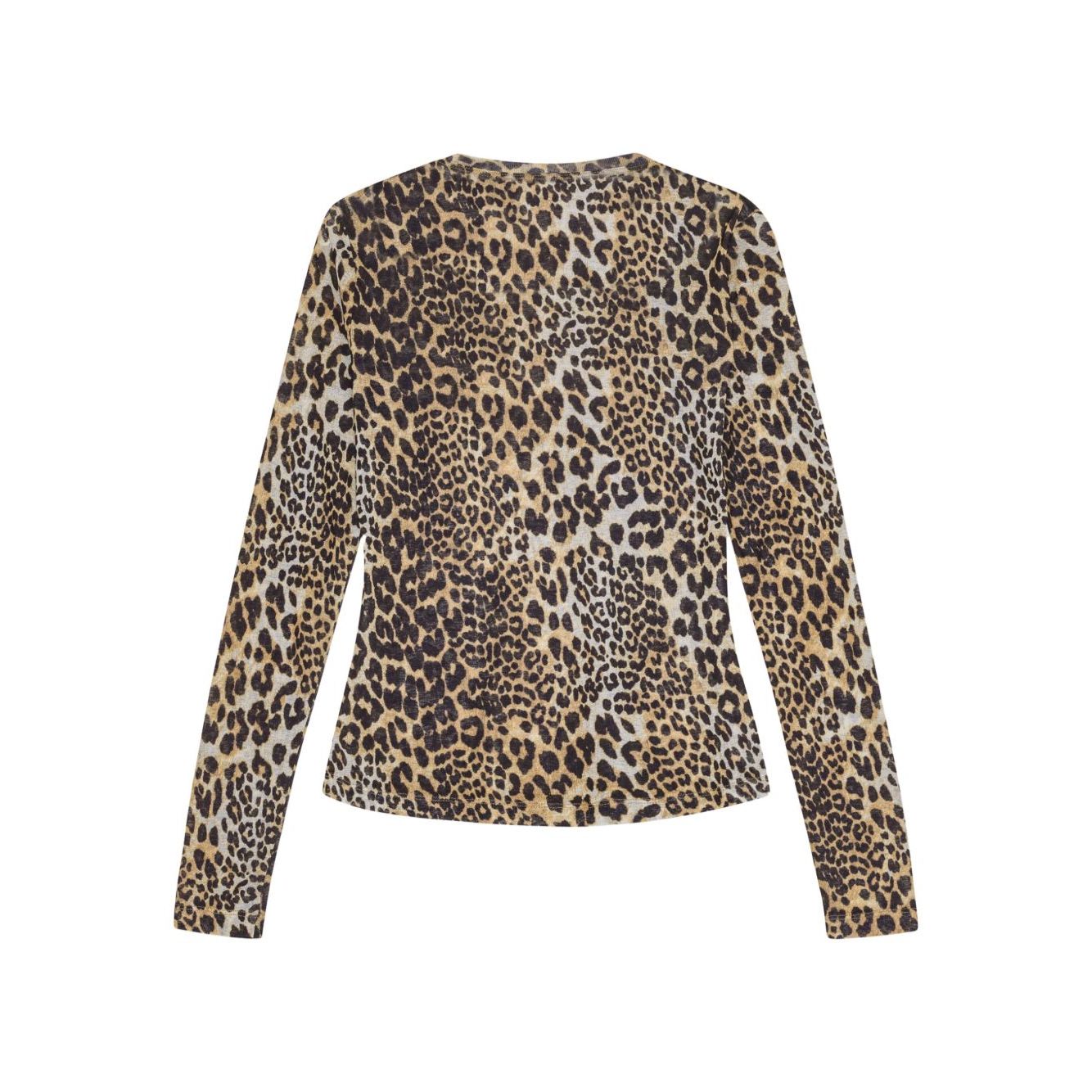 GANNI T-shirts and Polos Brown light brown crew neck long sleeve t-shirt with leopard print and logo patch on the side.