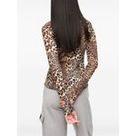 GANNI T-shirts and Polos Brown, leopard print long sleeve crew neck t-shirt with logo patch, light brown color, back view