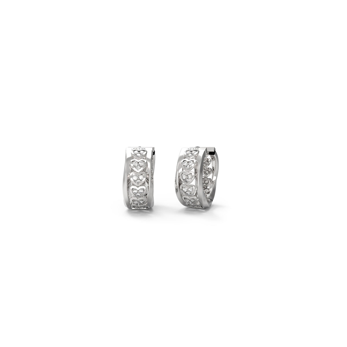 Alt Tag: GUESS JEWELS JEWELRY Mod. JUBE04604JWRHT-U exquisite silver hoop earrings with intricate design