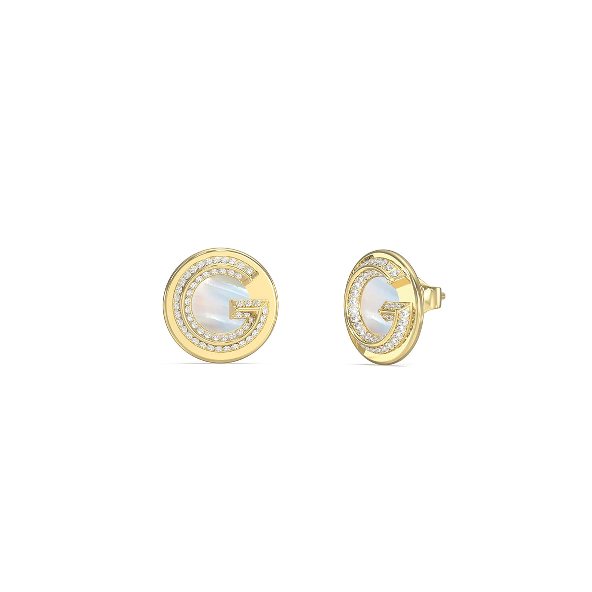 GUESS JEWELS JEWELRY Mod. JUBE05440JWYGT-U gold earrings with crystal accents, displaying iconic logo design.
