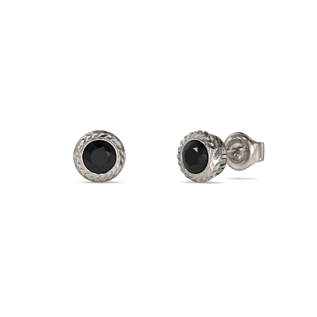 Black stud earrings from GUESS JEWELS JEWELRY Mod. JUME05022JWSTBKT-U, displayed in a silver setting with a polished finish.
