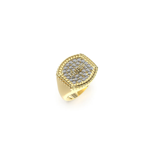 Gold ring with a textured square top and embossed 'Guess' logo, part of the GUESS JEWELS JEWELRY Mod. JUMR05019JWYG64 collection.