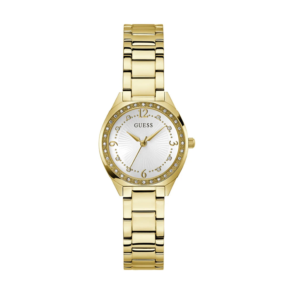 GUESS Mod. CHARLOTTE gold wristwatch for ladies, 3 ATM water resistance, 30 mm case, quartz movement, shown in official packaging.