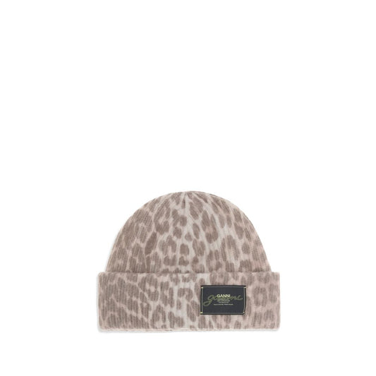 Ganni Beige Wool Beanie with leopard print, ribbed design, and logo patch, perfect winter accessory. AW25 collection, 100% wool.