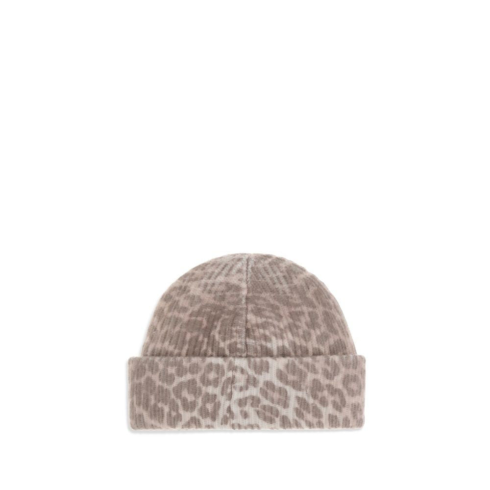 Ganni Beige Wool Beanie with leopard print and ribbed design, featuring an applique logo patch on the front for a contemporary look.