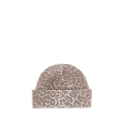 Ganni Beige Wool Beanie with leopard print and ribbed design, featuring an applique logo patch on the front for a contemporary look.