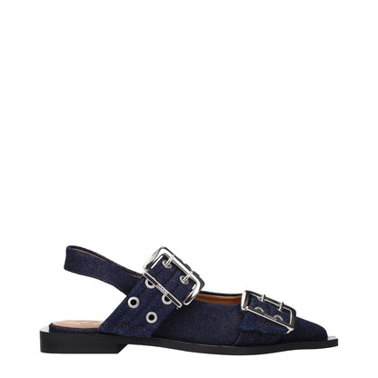 Ganni Blue Fabric Sandals with buckle design on a white background.