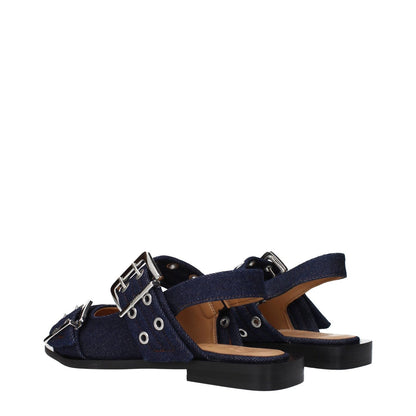 Rear view of Ganni Blue Fabric Sandals with buckle detail and blue fabric straps on a black sole.