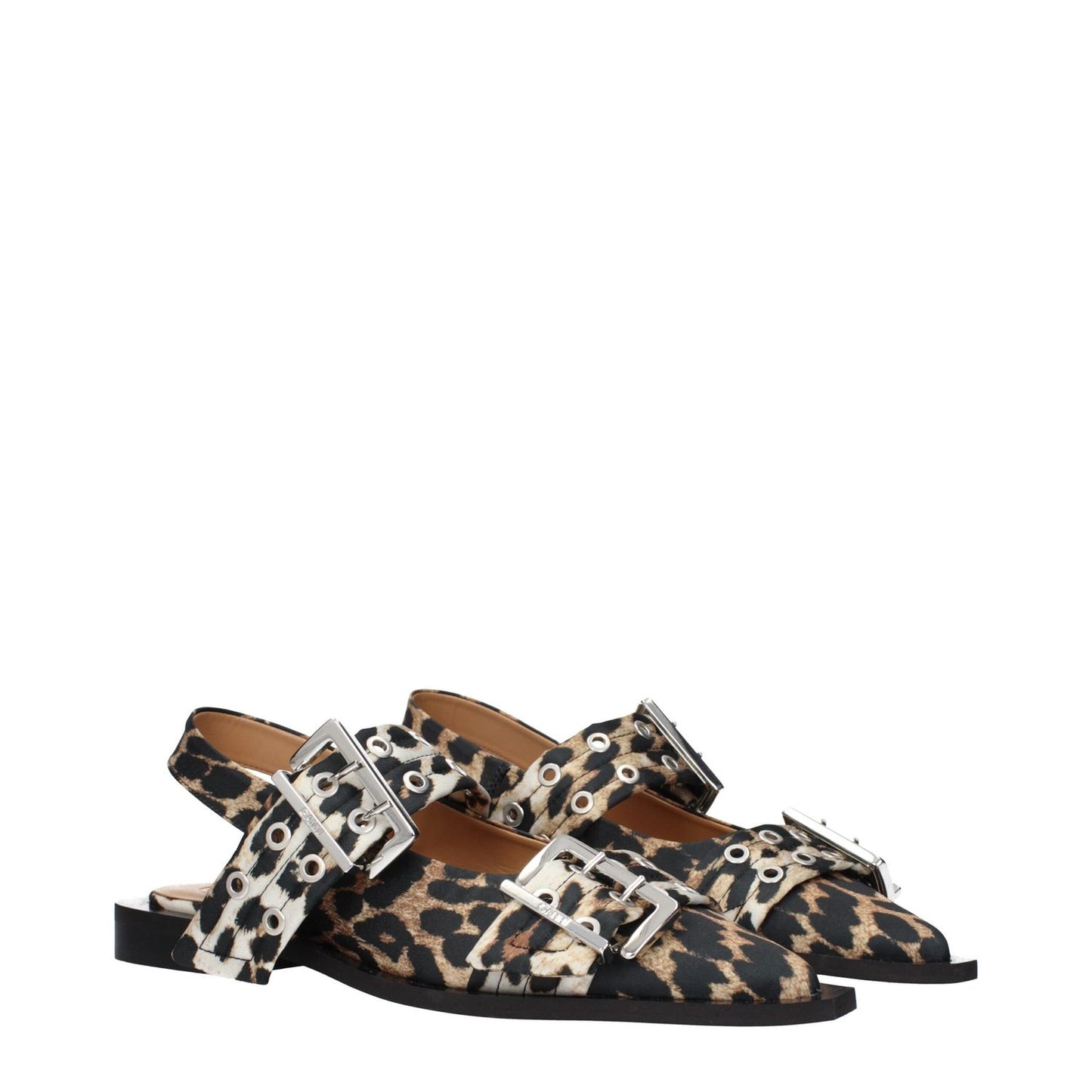 Ganni Brown Fabric Sandals with leopard print and silver buckles, showcasing stylish design by Ganni, product code F84887.
