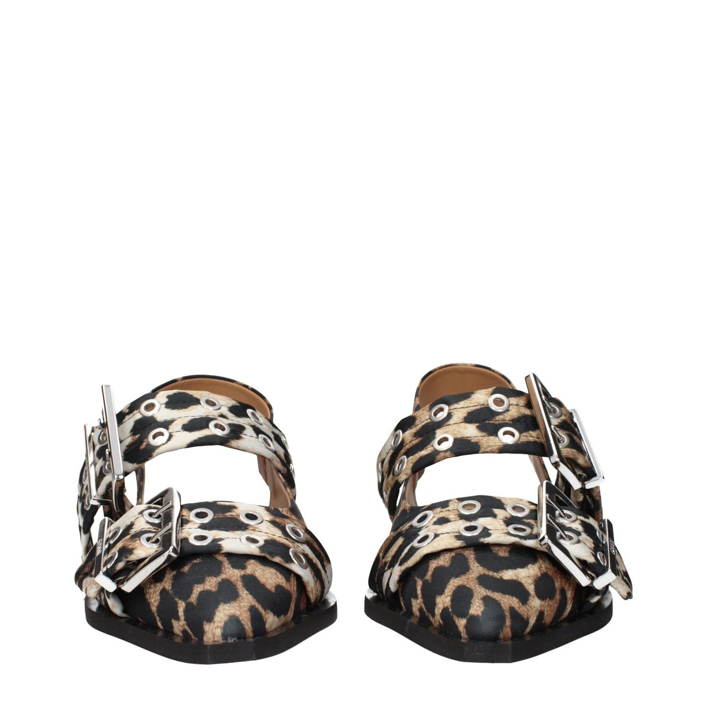 Ganni Brown Fabric Sandals with leopard print design and silver buckles, front view