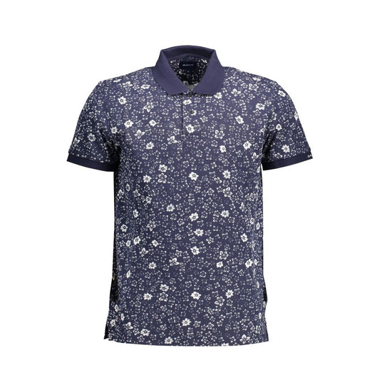 Men's blue floral polo shirt with short sleeves and white flower pattern