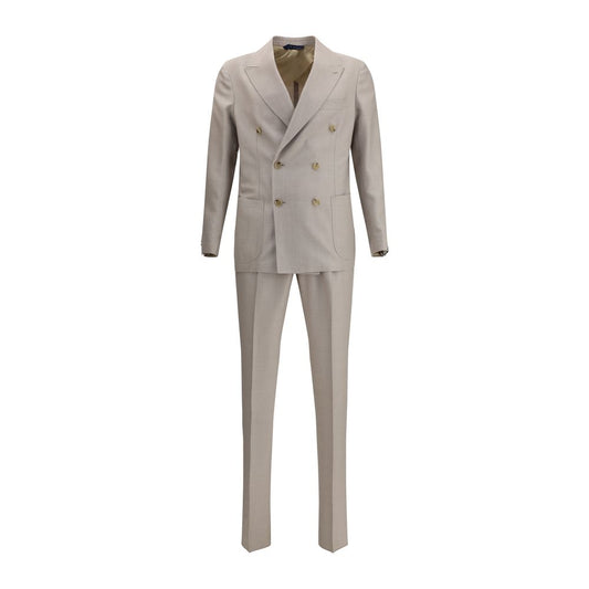 Gi Capri Virgin wool Suit double-breasted blazer and pants with peaked lapels and welt pockets, showcasing elegant and refined styling.