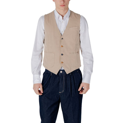 Man wearing Gianni Lupo Beige Cotton Waistcoat over white shirt, front view showcasing buttons and pockets.