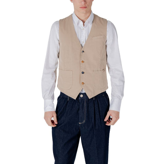 Man wearing Gianni Lupo Beige Cotton Waistcoat over white shirt, front view showcasing buttons and pockets.