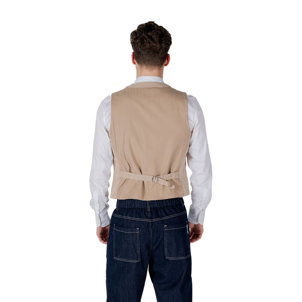 Back view of Gianni Lupo Beige Cotton Waistcoat on model, showcasing comfortable fit and style.