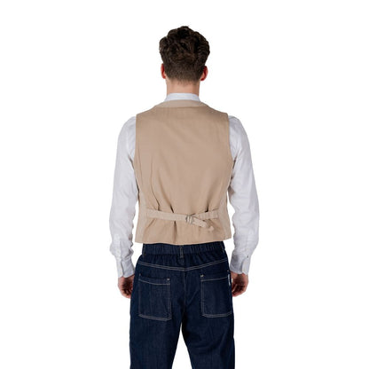 Back view of Gianni Lupo Beige Cotton Waistcoat on model, showcasing comfortable fit and style.