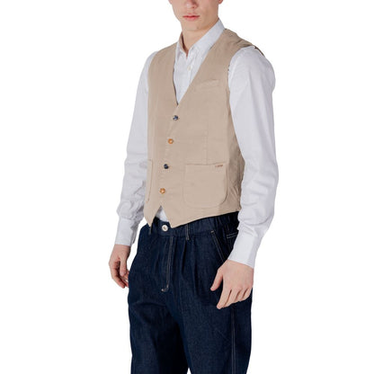 Gianni Lupo Beige Cotton Waistcoat on man, featuring three-button front closure and pockets for an elegant, casual look.