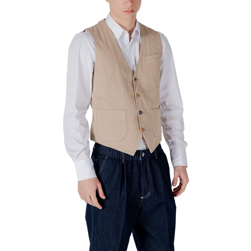 Gianni Lupo Beige Cotton Waistcoat for men with button closure, side pockets, and minimalist design, paired with white shirt and jeans.