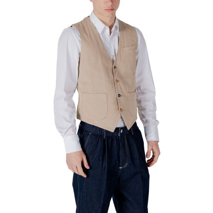 Gianni Lupo Beige Cotton Waistcoat for men with button closure, side pockets, and minimalist design, paired with white shirt and jeans.