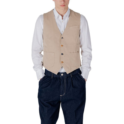Man wearing Gianni Lupo Beige Cotton Waistcoat with white shirt and dark pants, showcasing casual style and comfort.