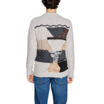 Back view of model wearing Gianni Lupo Beige Marabou Sweater showcasing abstract design, men's knitwear for fall/winter.