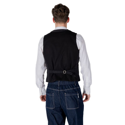 Back view of man wearing Gianni Lupo Black Cotton Waistcoat with jeans and white shirt.