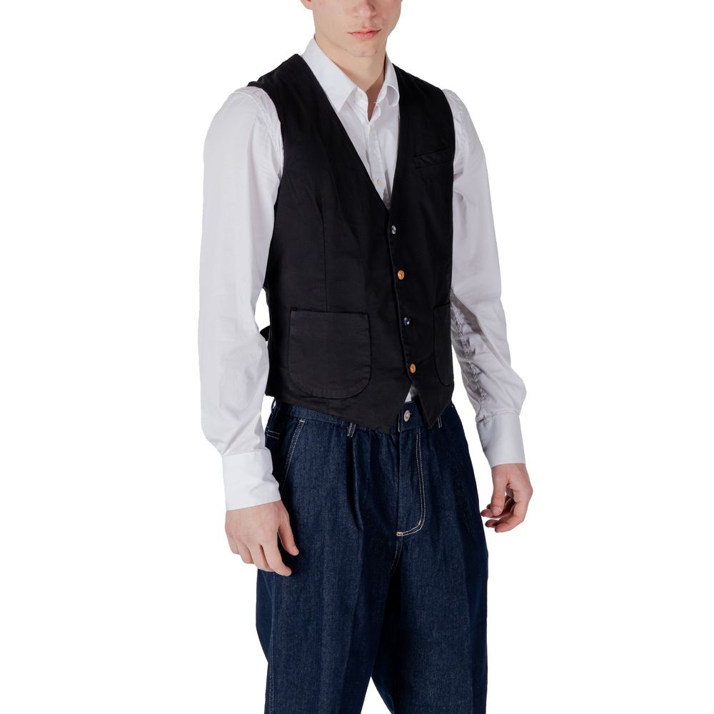 Model wearing Gianni Lupo Black Cotton Waistcoat with white shirt and jeans