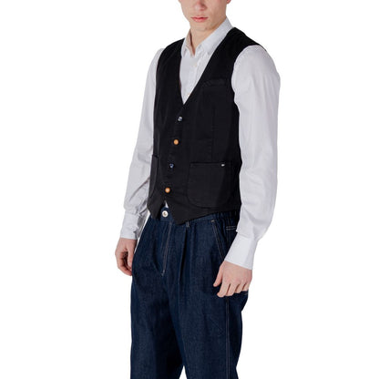 Man wearing Gianni Lupo Black Cotton Waistcoat with button closure and pocket details