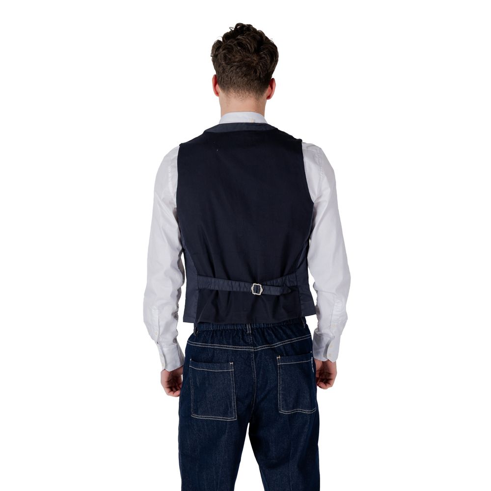 Back view of Gianni Lupo Blue Cotton Waistcoat with white shirt, showcasing the design and fit