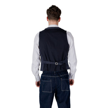 Back view of Gianni Lupo Blue Cotton Waistcoat with white shirt, showcasing the design and fit