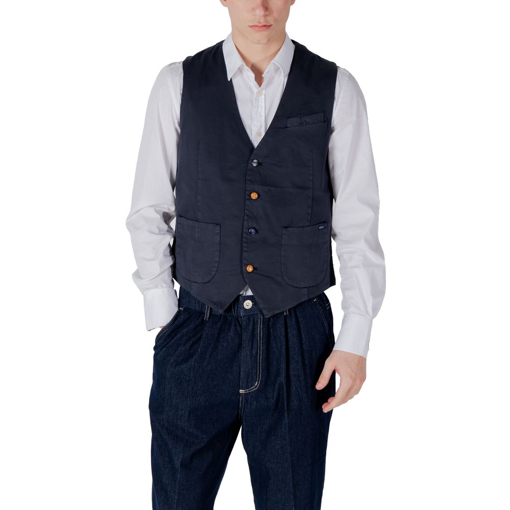 Gianni Lupo Blue Cotton Waistcoat on model wearing white shirt and blue pants, featuring front closure with buttons and side pockets.