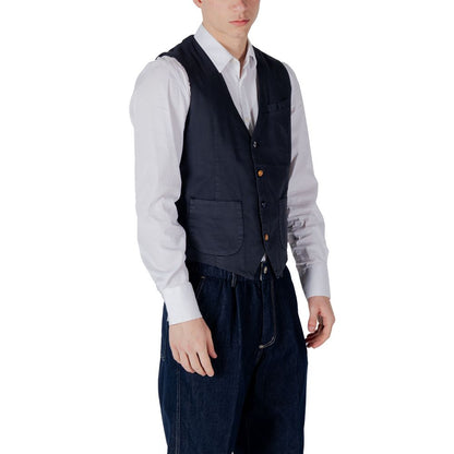 Model wearing Gianni Lupo Blue Cotton Waistcoat with front closure and pockets, showcasing elegant and versatile men's fashion.
