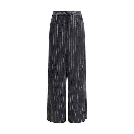 Giorgio Armani Black Silk Casual Pants with wide-leg fit and tone-on-tone pinstripe embroidery, ideal for elegant and sophisticated looks.