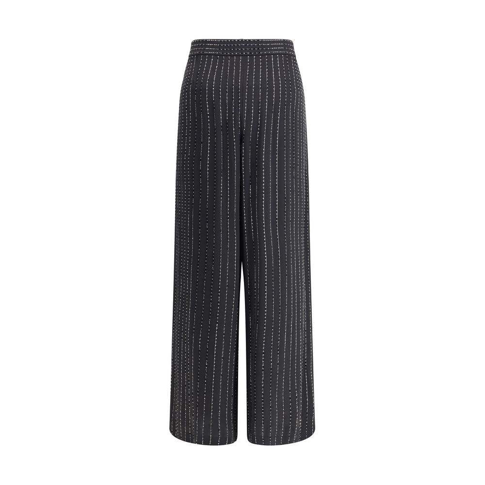 Giorgio Armani Black Silk Casual Pants with wide-leg design, tone-on-tone embroidery, and luminous pinstripe pattern.