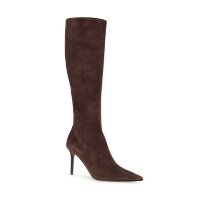 Giuseppe Zanotti Brown Leather High Heel Boots with stiletto heel and almond toe, suede finish, knee-high, back zipper closure, Italian made