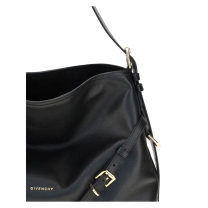 Givenchy Black Calf Leather Bos Taurus Shoulder Bag with engraved metal clasps and gold-tone finish details.