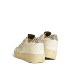 Back view of Golden Goose Ballstar 2 Sneakers in white with glitter heel, featuring distressed leather and signature star patch.