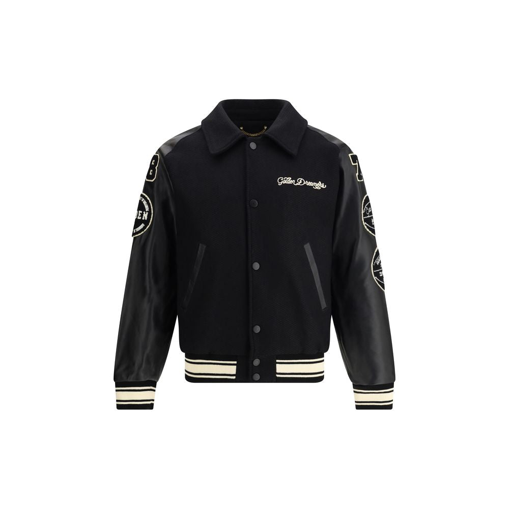 Golden Goose Black Fleece Wool Bomber with leather sleeves and white contrasts, front view showing button closure and pockets, SS26 season.