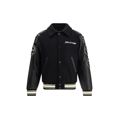 Golden Goose Black Fleece Wool Bomber with leather sleeves and white contrasts, front view showing button closure and pockets, SS26 season.